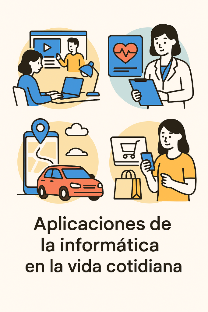 Collage ordenado con 4 escenas: educación online, salud digital, GPS/transporte, compras en línea