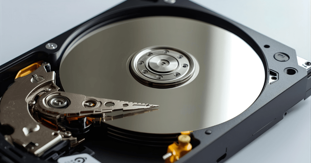 Partes internas de un disco duro HDD mostrando platos y cabezales