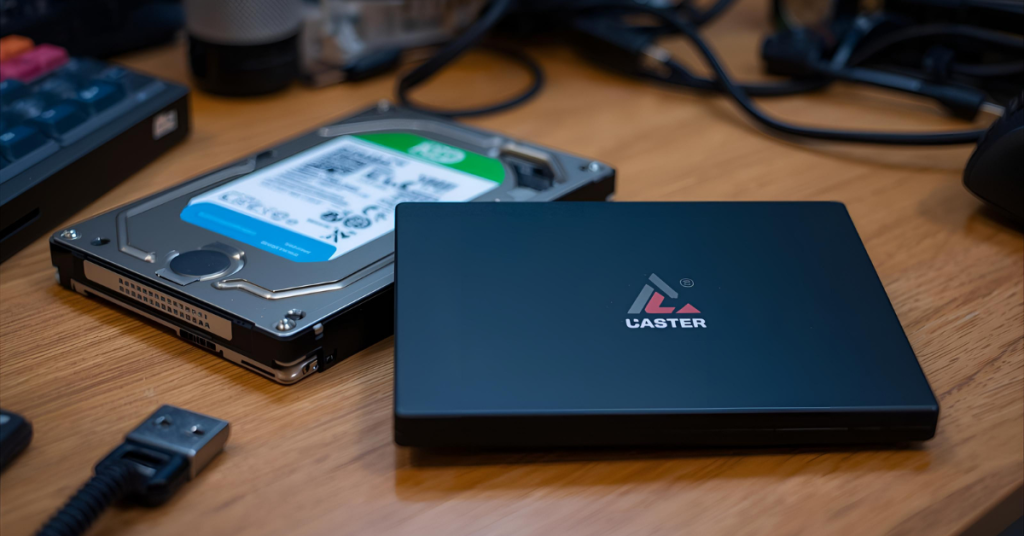 Comparación entre disco duro HDD y SSD mostrando tamaño y diseño